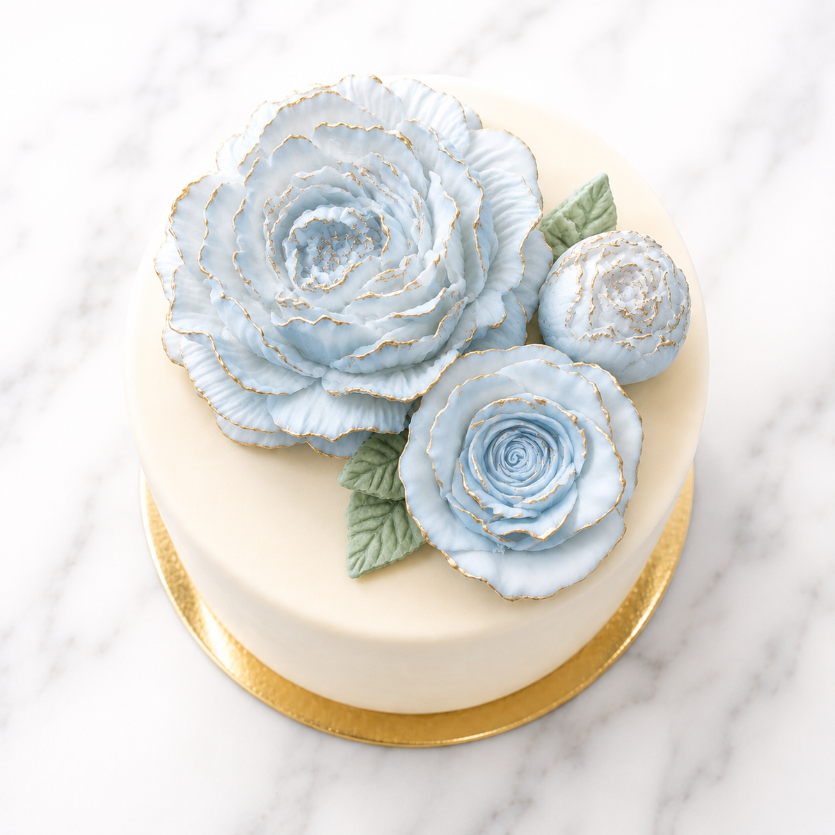 Dusty blue edible cake flowers with gold edging
