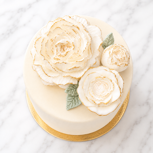 Ivory edible peony and rose cake flowers with gold accents