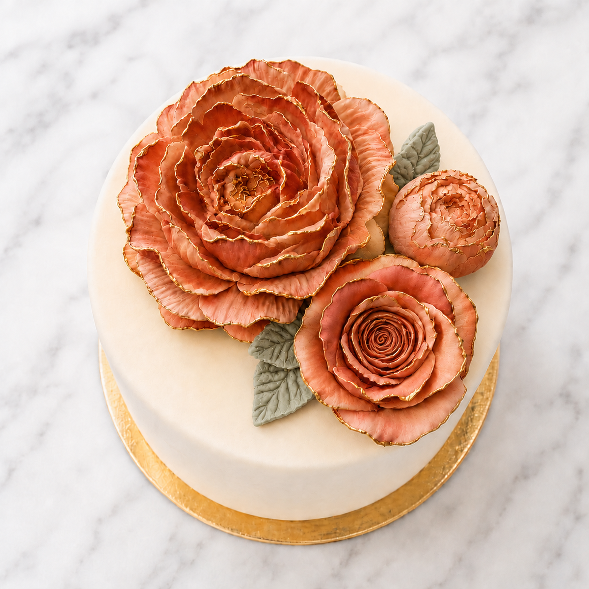 terracotta edible cake flowers with gold edging