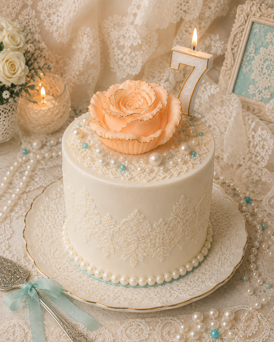 Peach edible cake flowers with hand-painted gold details