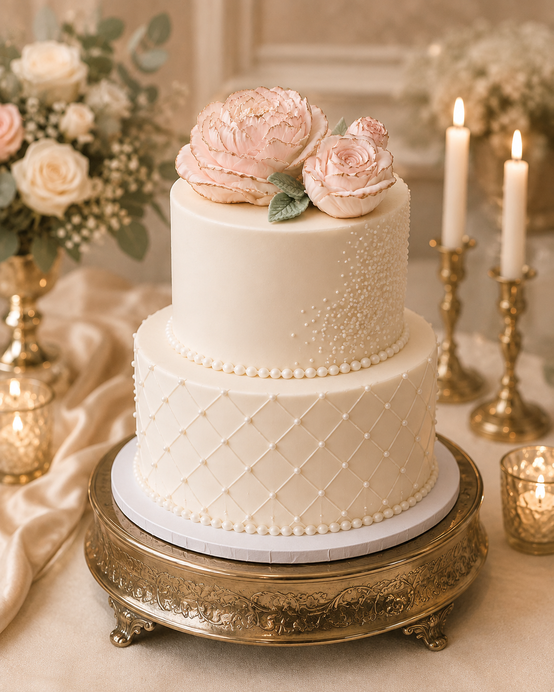 Blush pink edible flowers on elegant birthday cake