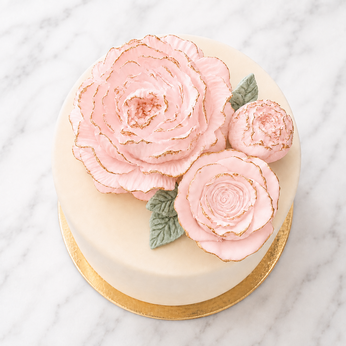 Blush pink edible floral cake topper on wedding cake