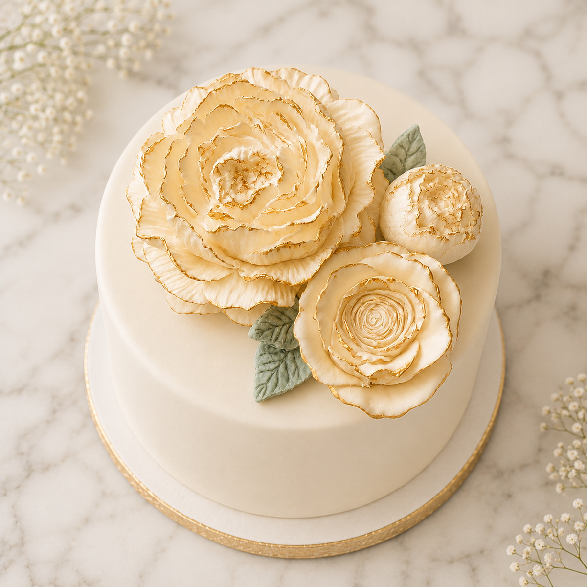 champagne edible cake flowers with gold edging